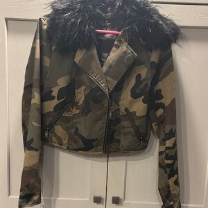 C. Luce Camouflage Utility Jacket with Black Faux Fur